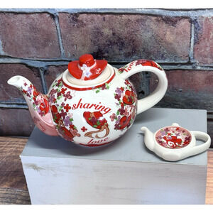 Tea For‎ One Pink Chintz Red Hat Society Tea Pot Teabag Holder 2004 Paul Cardew